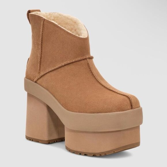 UGG New Heights Platform Mini Chestnut Suede Ankle Boots Original $249 NWOB Sz 8 - Picture 1 of 10